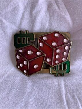 Retro Red Dice Belt Buckle with Green Dollar Signs